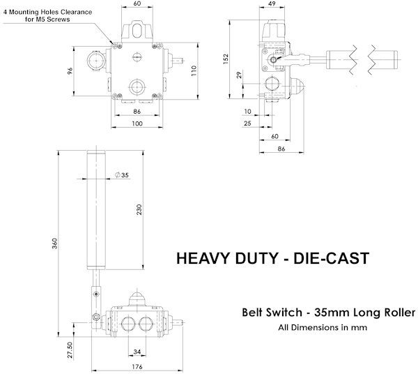 Belt Alignment Switch – Explosion Proof, Heavy Duty, 35mm Diameter with 230mm Length Roller