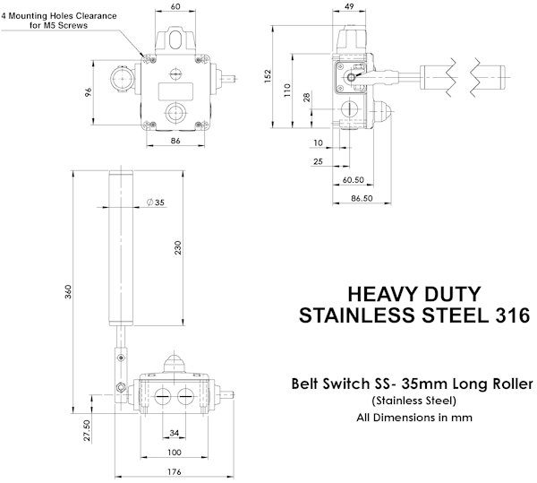 Belt Alignment Switch – Explosion Proof, Heavy Duty, 35mm Diameter with 230mm Length Roller