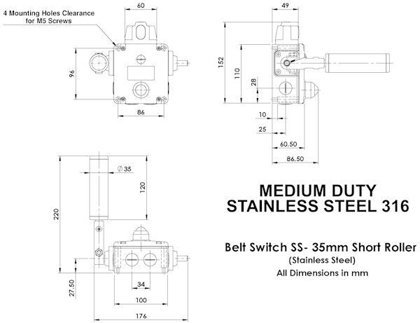 Belt Alignment Switch – Explosion Proof, Heavy Duty, 35mm Diameter with 120mm Length Roller