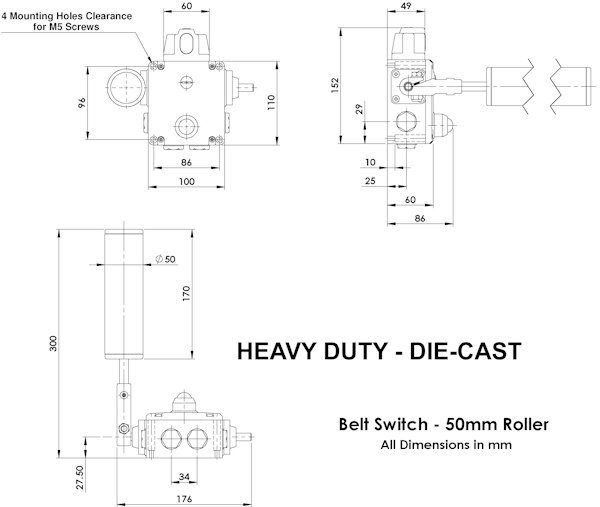 Belt Alignment Switch – Explosion Proof, Heavy Duty, 35mm Diameter with 120mm Length Roller