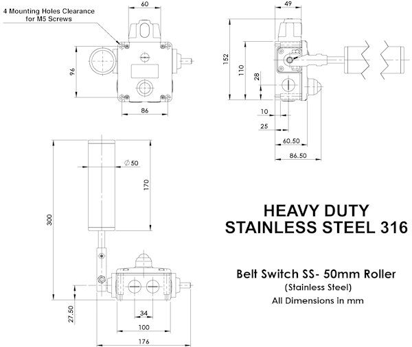 Belt Alignment Switch – Explosion Proof, Heavy Duty, 50mm Diameter with 170mm Length Roller